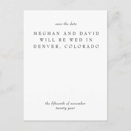 シンプルエレガントミニマル黒モダン日付の保存 案内ポストカード (正面)