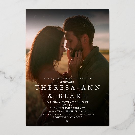 シンプルエレガントモダンカップルのシャワー招待状 箔招待状 (正面)