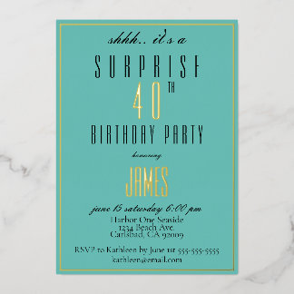 シンプルエレガントモダンティール（緑がかった色）ブラック40th Birthday Inv 箔招待状