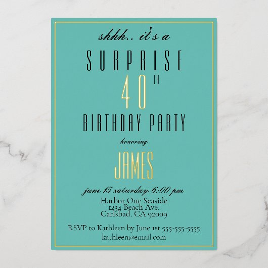 シンプルエレガントモダンティール(緑がかった色)ブラック40th Birthday Inv 箔招待状 (正面)