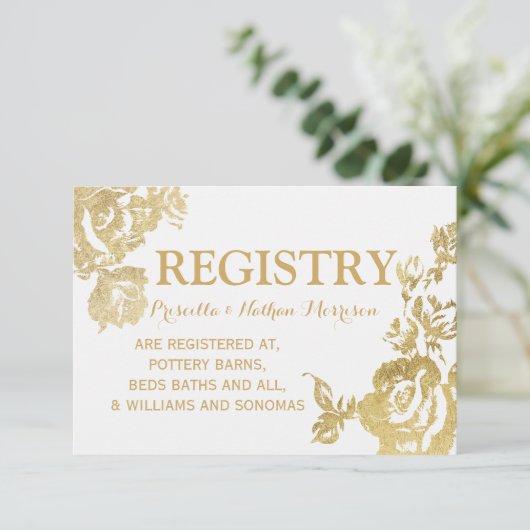 シンプルエレガントモダンフローラ金ゴールドギフト登録簿 エンクロージャーカード (スタンド正面)