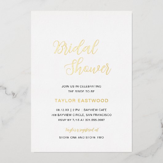 シンプルエレガントモダンブライダルシャワー金ゴールド 箔招待状 (正面)