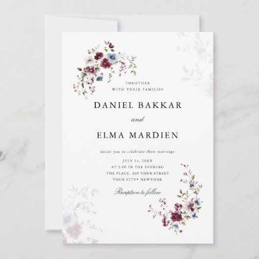 シンプルエレガントモダンブルグンディ・ボホフローラ結婚ズ 招待状 (正面)