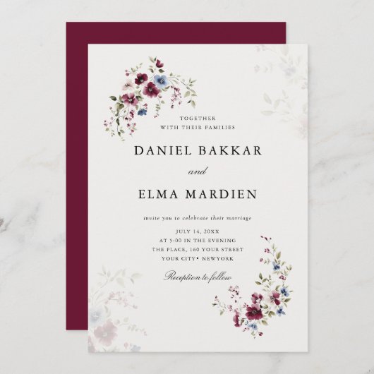 シンプルエレガントモダンブルグンディ・ボホフローラ結婚ズ 招待状 (正面/裏面)