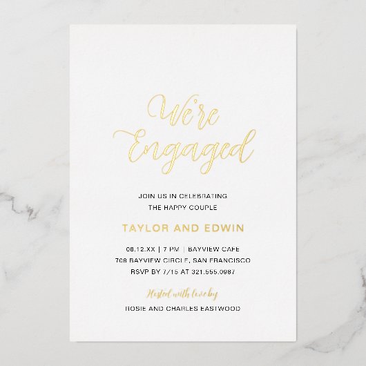 シンプルエレガントモダン婚約パーティ金ゴールド 箔招待状 (正面)