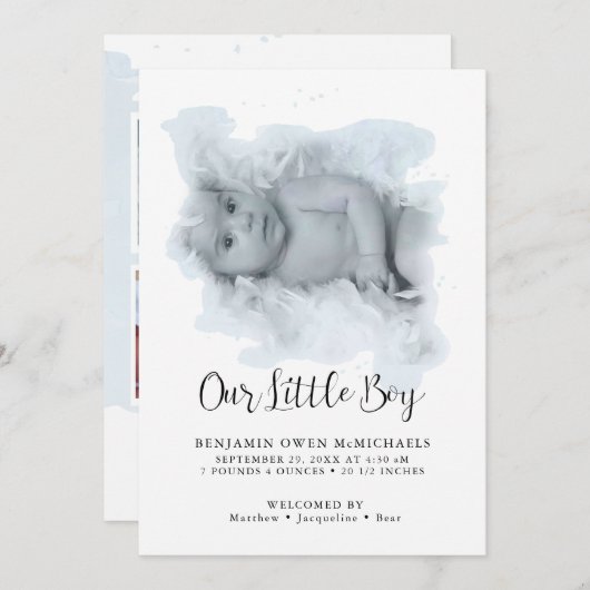 シンプルエレガントモダン男の赤ちゃん写真の発表 セーブザデート (正面/裏面)