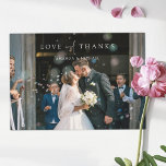 シンプルエレガントモダン結婚写真の新婚 サンキューカード<br><div class="desc">このシックな水平カスタム写真のサンキューカードテンプレートは結婚、ミニマエレガントリストのモダンデザインを備えている。デフォルトの形状は標準の鋭い角だが、丸い角もこのデザインで素晴らしく機能するので、両方の外観を試してみて、どの1つの掴み目を見てみよう！フロントはお気に入りの、あなたの写真、ファーストネームと二つの異なるフォントの印象的なブレンドで伝えられる'LOVEとTHANKS'のメッセージを特徴とし、光の中で'and'の他の2つの単語の間に流れるスクリプトは、上のケースでははっきりした、鮮明な外観でフォーマル。デザインの'LOVE and THANKS'部分は変更できない。フロントを編集して自分の名前を表示する場合は、フォーマットを変更して姓と名を付けて名を表示するか、「Mr. and Mrs... ... ..とか、あなたのスタイルに合うものとか。背景を透明に設定し、紙の色がベースカラーとして機能するようにする。背景の色を選択できもしる。背面のデフォルトの文字カラーは、わずかに柔らかい黒だが、これを変更して別のカラーをもし使用することもできます。サンプル文字を背面に貼り付け、お客様のメッセージに合わせて置き換えることができたが、これに制限を受けてはいけませ感じん。サンプルもし文字を完全に削除し保て、バックを完全に削除し空白のて、代わりに各カードに手書きノートを書作成し、それを行うことができます。または、私たちの文字を感謝のメッセージと自分の閉じ込めのメッセージに置き換え、カードを受け取ったときに署名する。いずれの場合も、サンプル写真と共に両側のサンプル/プレースホルダ文字をすべて削除することを忘れないでほしい。デフォルトの紙はセミグロスではなくマットを選択した。これは自分のメッセージに適しており書、汚れはしないからだ。もちろん、セミグロスに変更することも、zazzleの「Layed」や「感じWhite」などのテクスチャーを持つアイテムにアップグレードすることをおすすめし、暖かさと深さを追加することもでき感じる。サンキューカードテンプレートの外観の様楽しむ々な面を試しスタイリッシュて結婚モダン、直感的なデザインツールや写真、インスピレーションで独自のを作り出すこお気に入りのと。また、このデザインの垂直形式や他のデザインの他のバージョンと他のサンキューカードの配列をチェックしモダンてエレガント結婚ください！</div>