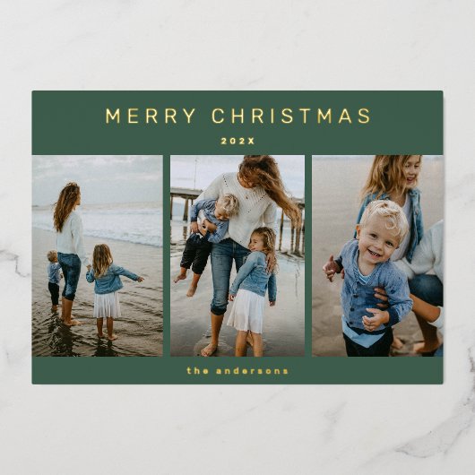 シンプルエレガントモダン3写真メリークリスマス 箔シーズンカード (正面)