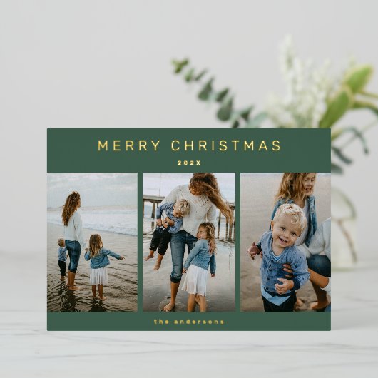 シンプルエレガントモダン3写真メリークリスマス 箔シーズンカード (立ち正面)