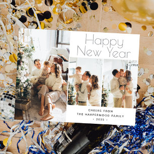 シンプルエレガントモダンHappy New Year Three Photo シーズンポストカード