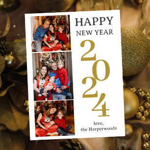 シンプルエレガントモダンHappy New Year Three Photo シーズンポストカード
