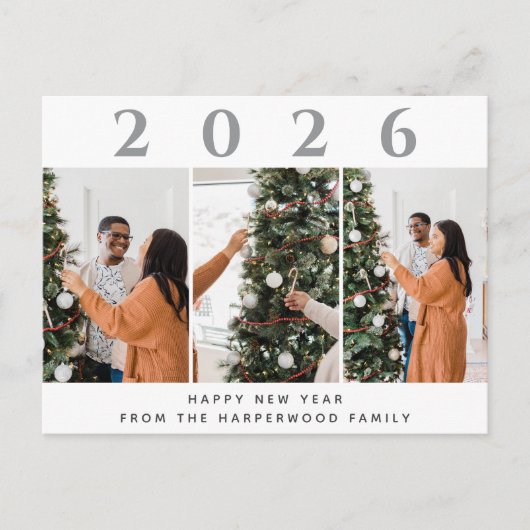 シンプルエレガントモダンHappy New Year Three Photo シーズンポストカード (正面)