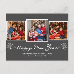 シンプルエレガントモダンHappy New Year Three Photo シーズンポストカード