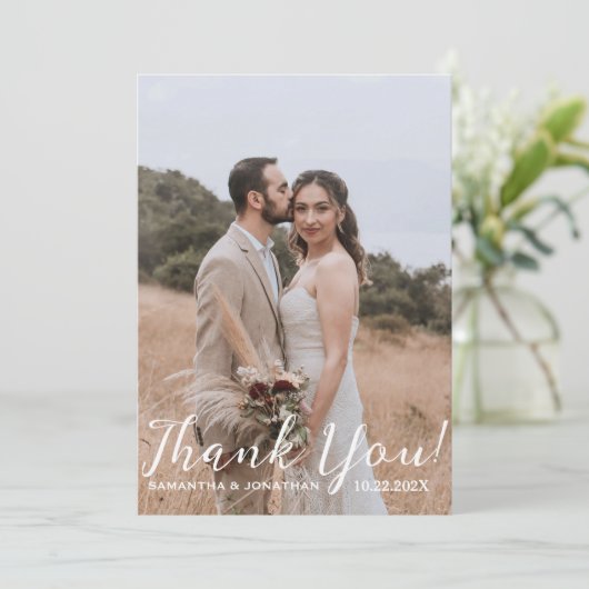 シンプルエレガントモダンScript 4写真結婚s サンキューカード (スタンド正面)