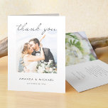 シンプルエレガントモダンScript Photo結婚's サンキューカード<br><div class="desc">このシックな写真の結婚サンキューカードは鮮明なデザインを備えモダンている。フロントでスタイリッシュ君のモダン台本を感謝してい選んだ。写真の上に流れるようにデザインのこの部分を配置した。写真の上にの光の背景があるので、この機能でシンプルは私たちのサンプル写真がよく動作する。デザイン感謝していの「お前」の部分は変更できない。しかし、あなたのスタイルに合わせて他の文字の色とフォントを変更することができる。前面のデフォルトの文字カラーは黒。前面の背景を透明に設定し、ベースカラーを紙のカラーに設定した。代わりに色を選択して変更できる。内側にはプレースホルダフォトを配置し、前面に2枚違う、内側に1枚の写真を入れることができるように、お客様自身の写真に置き換える。しかし、単に内側のサンプル写真とその宇宙を削除す離れることもでき空白のる。内側の写真の反対側の文字の側のバックグラウンドトーンのために、我々はかなり白ではない微妙な背景の色相を選択しエレガントた、それは主に白い煙と呼ばれる非常に明るい灰色である白（色F5F5F5）。プレースホルダイメージを削除した後離れに、プレースホルダフォトの反対側の内側に同じホワイトスモークのトーンをフォトレイヤーの下に追加しました。この場合、その側の背景が文字側のデフォルトのホワイトスモークのバックグラウンドトーンと一致します。あなたは編集モードの場合は確認して下さい。いずれの場合も、カードの内側の両方または一方の面の背景色をスタイルに合わせて変更する場合がある。中の文字のデフォルトカラーとしてグレーのトーンを選択。サンプル文字を入れて、お客様のメッセージに置き換える必要がありますが、これに制限を設けてはいけ感じません。サンプルもし文字を完全に削除し保て、カードの文字側を完全に削除し空白のて、代わりに各カードに手書きノートを作成し書て、それを行うことができます。または、私たちの文字を感謝のメッセージと自分の閉じ込めのメッセージに置き換え、カードを受け取ったときに署名する。また、フォントと色を変更することができ、私たちが使用したすべての大文字の外観からケースを変更する可能性がある。デフォルトの紙タイプであるマットは、ソフトな暖かさを持ち、汚れに抵抗するため素晴らし、自分のメッセージに書対する選択である。これを編集し、代わりに半光沢を選択することができる。カードの外側と内側の両方でサンプル/プレースホルダー文字を削除するイベントを必ず確認し、前面のプレースホルダーフォトを自分のANDで置き換えるか、カード内のプレースホルダーフォトも削除してください。直感的なデザインツールとインスピレーションを使用し、この単純にシックな結婚サンキューカードを独自のにする。そして私たちの結婚コレクシ感謝していョンを参照してエレガント、より簡単にモダンサンキューカードデザイン!</div>