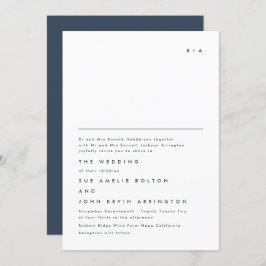 シンプルエレガントモノグラムネイビーブルー結婚ホワイト 招待状