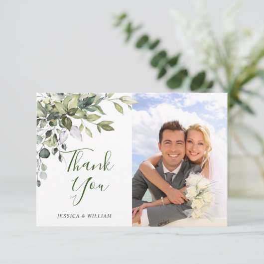 シンプルエレガントユーカリの結婚写真 サンキューカード (スタンド正面)