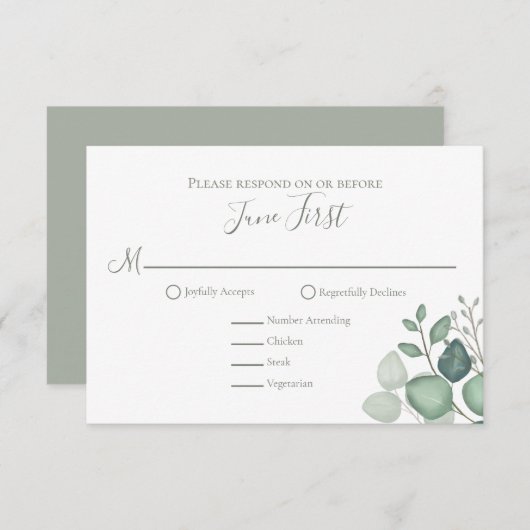 シンプルエレガントユーカリ緑の葉クラシック葉 出欠カード (正面/裏面)