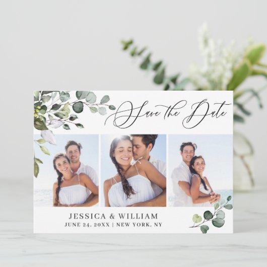 シンプルエレガントユーカリ3写真結婚ズ セーブザデート (スタンド正面)