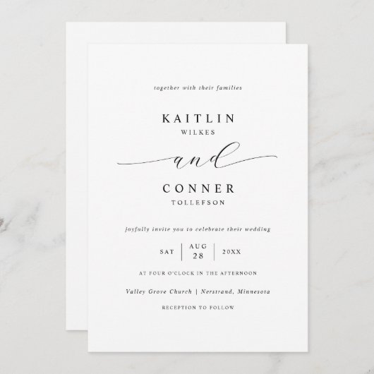 シンプルエレガントラグジュアリー白黒結婚ズ 招待状 (正面/裏面)