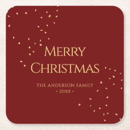 シンプルエレガントレッド&金ゴールド紙吹雪メリークリスマス スクエアペーパーコースター