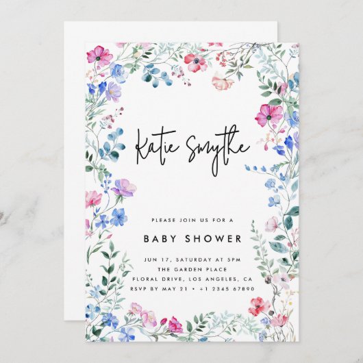 シンプルエレガントワイルドフラワーベビーガールシャワー 招待状 (正面/裏面)