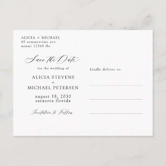 シンプルエレガント写真の結婚式の日付を保存 案内ポストカード (裏面)
