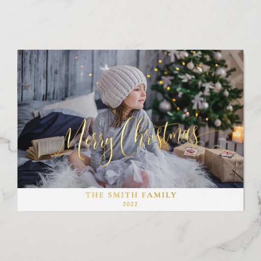 シンプルエレガント写真カスタム、メリークリスマス実在 箔シーズンカード (正面)