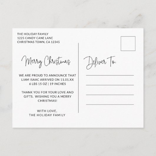 シンプルエレガント写真休日の誕生発表 案内ポストカード (裏面)