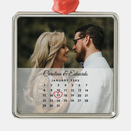 シンプルエレガント写真結婚記念日カレンダー メタルオーナメント (正面)