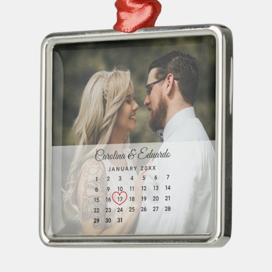 シンプルエレガント写真結婚記念日カレンダー メタルオーナメント (左)