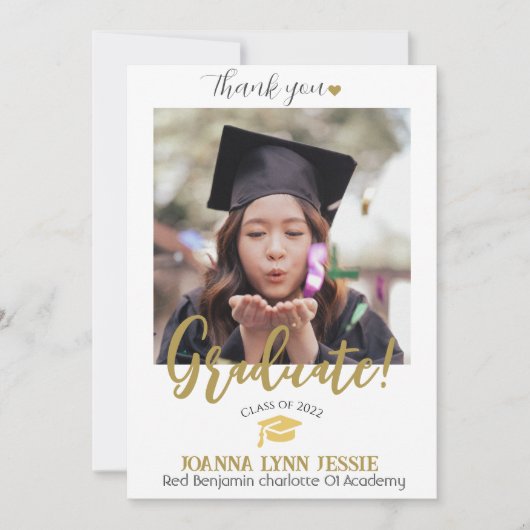 シンプルエレガント卒業式金ゴールドのCAP感謝していスクリプト サンキューカード (正面)