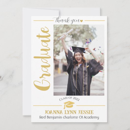 シンプルエレガント卒業金ゴールド感謝していCapスクリプトT サンキューカード (正面)