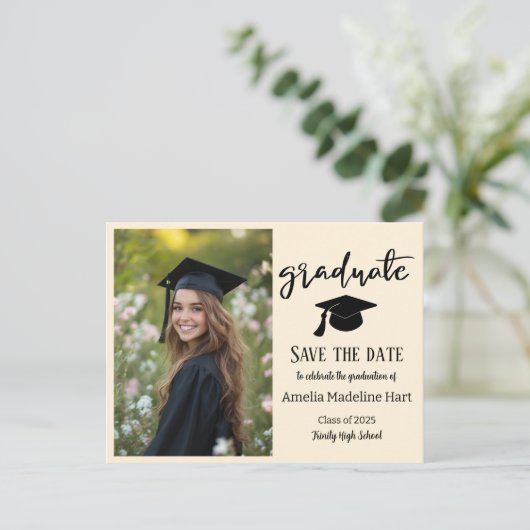 シンプルエレガント卒業 | 写真の日付を保存 ポストカード (スタンド正面)