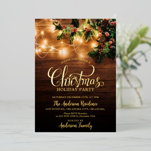 シンプルエレガント家族クリスマスホリデーパーティー 箔招待状 (立ち正面)
