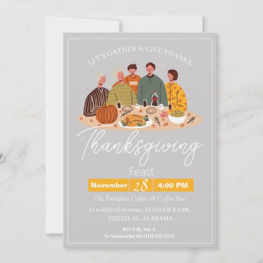 シンプルエレガント感謝祭ディナーパンプキントルコ 招待状 (正面)