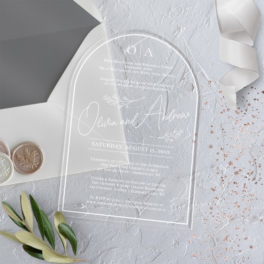 シンプルエレガント手描きボタ結婚ニカルアーチ アクリル招待状