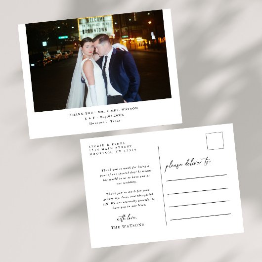 シンプルエレガント文字と写真結婚の感謝 ポストカード