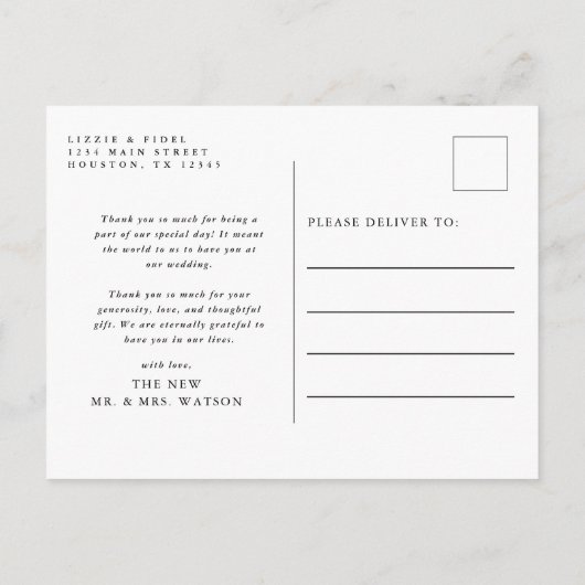 シンプルエレガント文字と写真結婚の感謝 ポストカード (裏面)