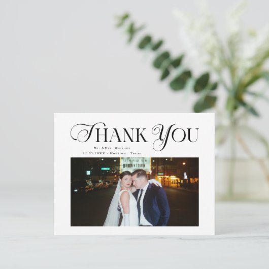 シンプルエレガント文字と写真結婚の感謝 ポストカード (スタンド正面)