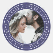 シンプルエレガント日付の写真結婚青を保存 ラウンドシール (正面)