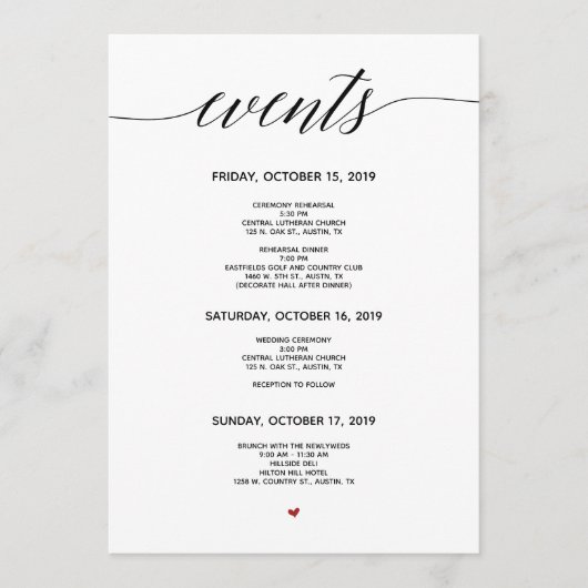 シンプルエレガント書結婚旅程カード プログラム (正面)