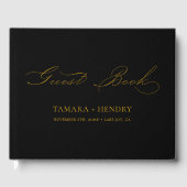 シンプルエレガント書跡ブラックと金ゴールド結婚ズ ゲストブック (正面)