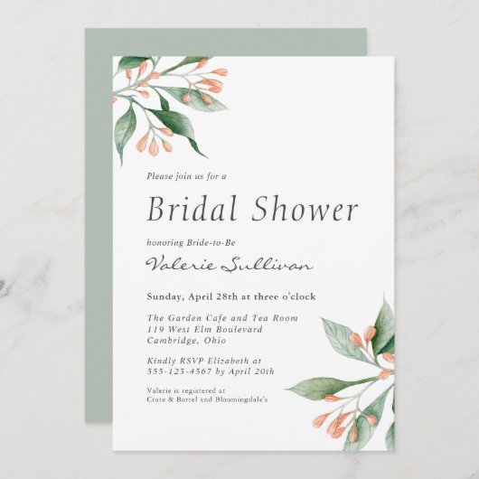 シンプルエレガント植物学ブライダルシャワー 招待状 (正面/裏面)