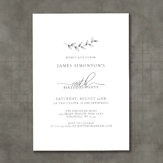 シンプルエレガント植物学100誕生日 招待状