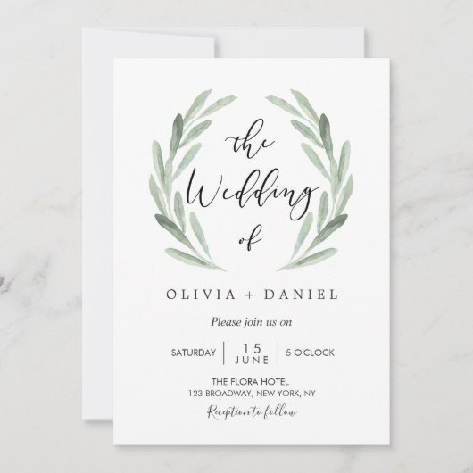 シンプルエレガント水の色のリース結婚緑 招待状 (正面)