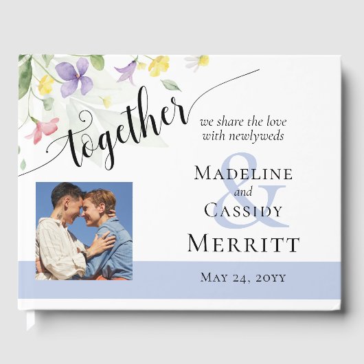 シンプルエレガント水の色ワイルドフラワーボホ結婚の ゲストブック (正面)