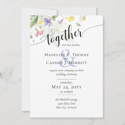 シンプルエレガント水の色ワイルドフラワーボホ結婚の 招待状 (正面)