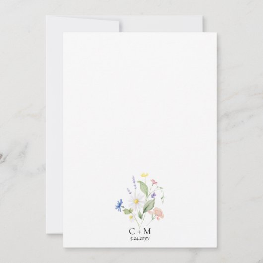 シンプルエレガント水の色ワイルドフラワーボホ結婚の 招待状 (裏面)