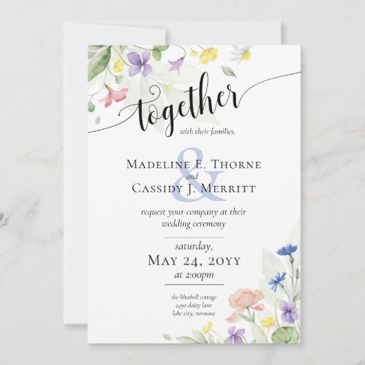 シンプルエレガント水の色ワイルドフラワーボホ結婚の 招待状 (正面)